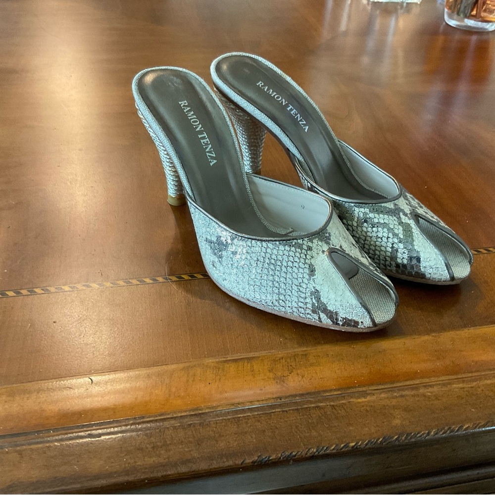 Ramon Tenza Snake-Print Open-Toe Mules in Gray